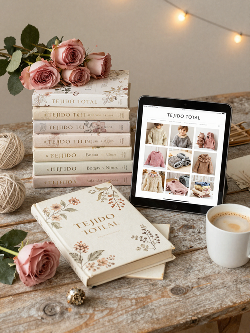 Tejido Total - colección de libros y tablet con patrones